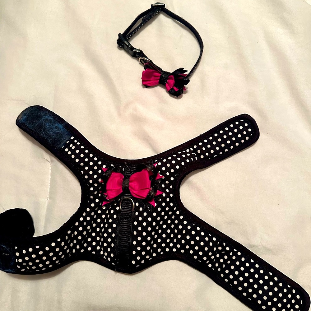 Dog harnesss vest and collar.  Black polka dots with pink bow.